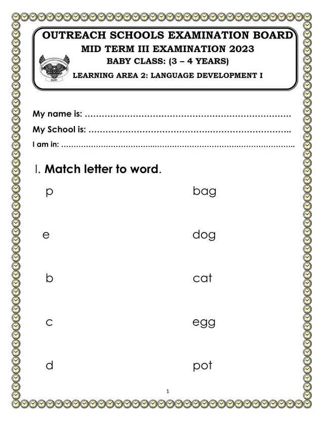 Cover of Baby Class Language Development I Mid Term III Exam 2023 – Outreach Schools (Baby Literacy Past Paper)