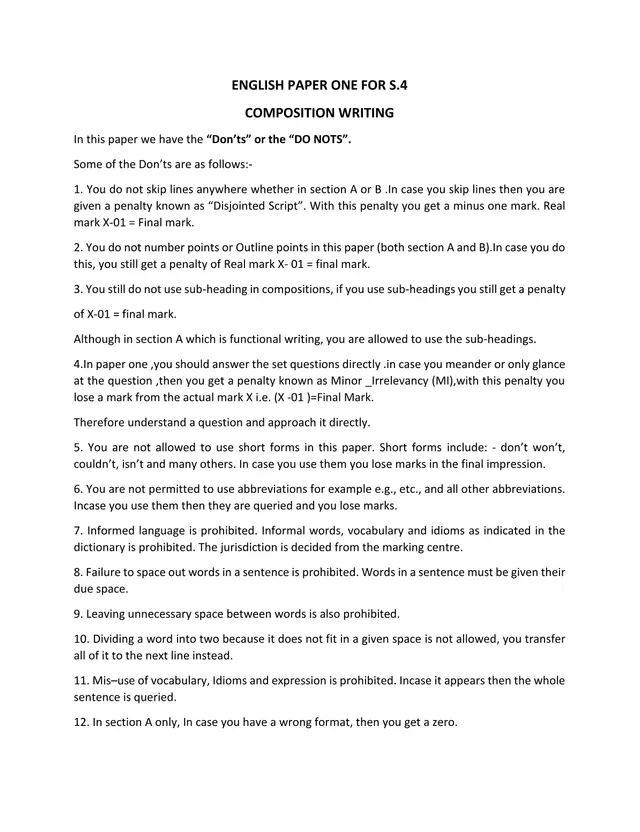 Cover of S.4 English Paper One: Composition Writing Rules and Marking Penalties (S4 English Past Paper)