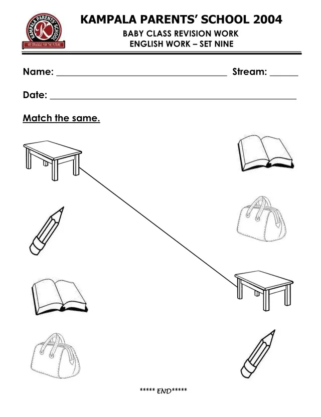 Cover of Baby Class Revision Work Set Nine – Kampala Parents' School 2004 (Baby English Past Paper)