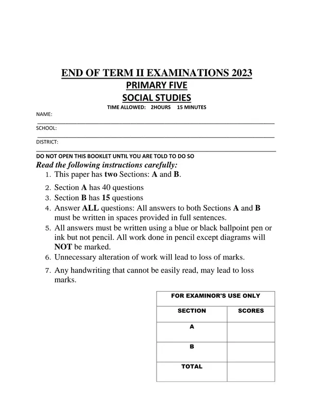 Cover of Primary Five Social Studies End of Term II Examination 2023 (P5 Social Studies Past Paper)