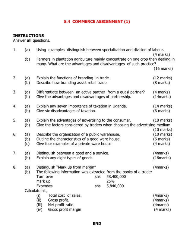 Cover of Senior 4 Commerce Assignment 1 (S4 Agriculture Topical Questions)