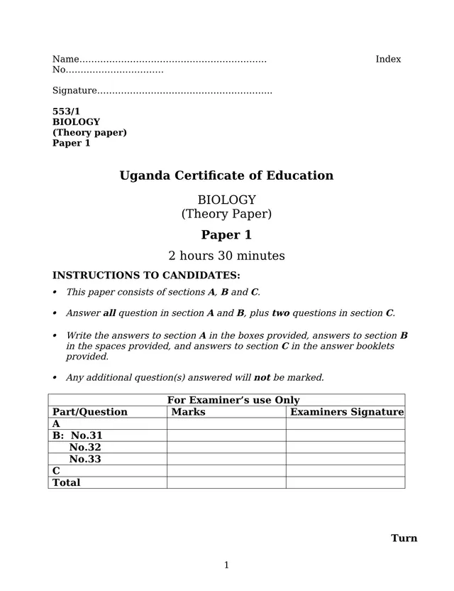 Cover of UCE Biology Paper 1 (553/1) Theory Examination (S4 Biology Past Paper)