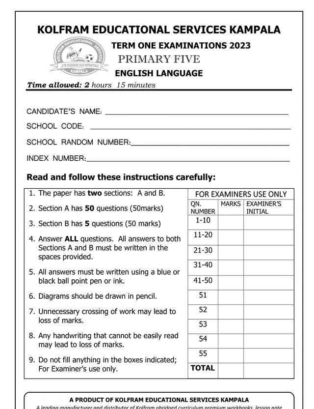 Cover of Primary Five English Language Beginning of Term One Examination 2023 (P5 English Past Paper)
