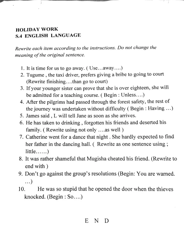 Cover of S.4 English Language Holiday Work: Rewriting Sentences (S4 English Revision Test)
