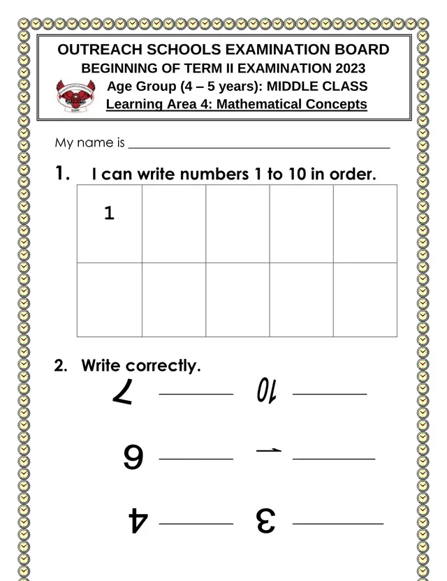 Cover of Middle Class Mathematical Concepts Exam – Beginning of Term II 2023 (Middle Mathematics Past Paper)