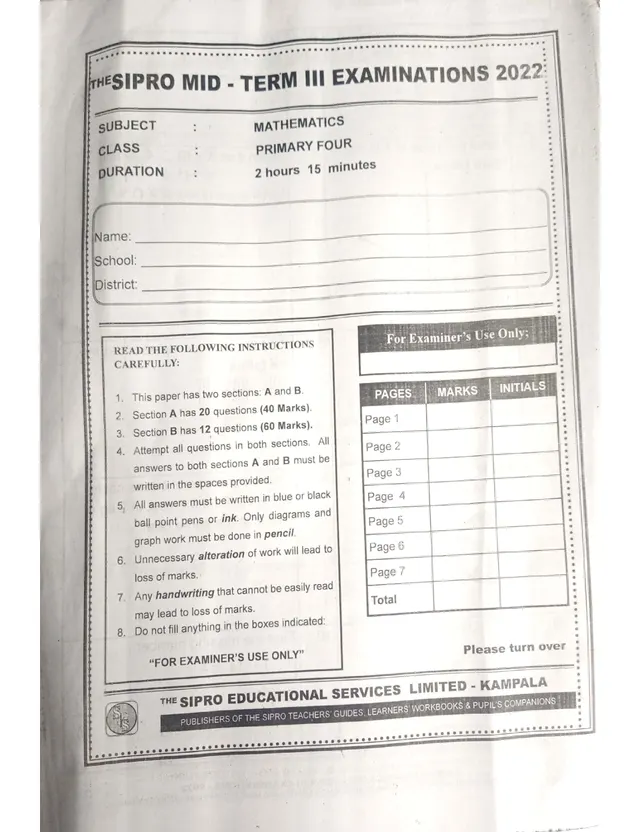 Cover of Primary Four Mathematics Mid-Term III Examination 2022 (Sipro) (P4 Mathematics Past Paper)