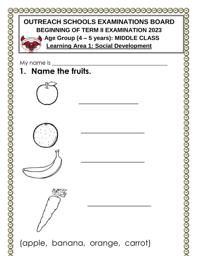 Cover of Middle Class Learning Area 1 (Social Development) Beginning of Term II Exam 2023 (Middle Social Studies Past Paper)