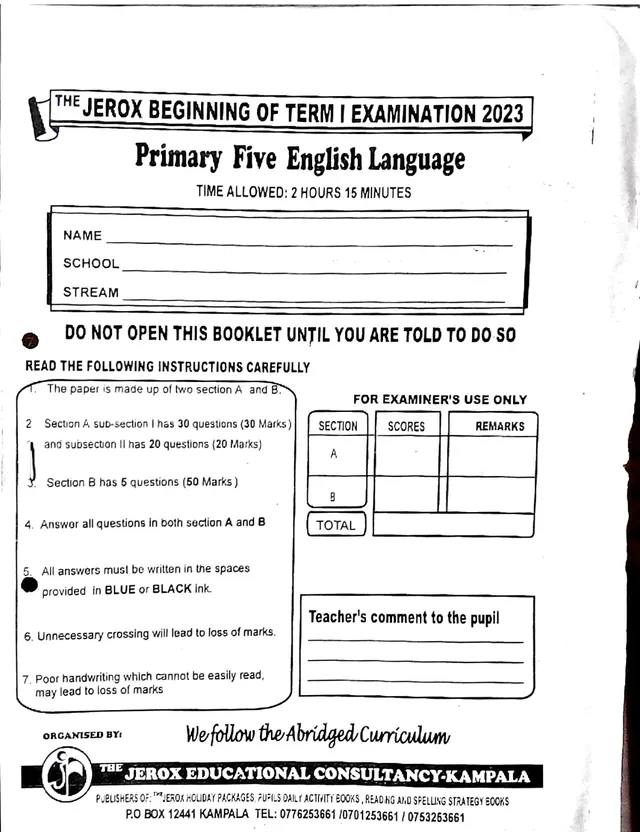 Cover of Primary 5 English Beginning of Term 1 Examination 2023 (Jerox) (P5 English Past Paper)