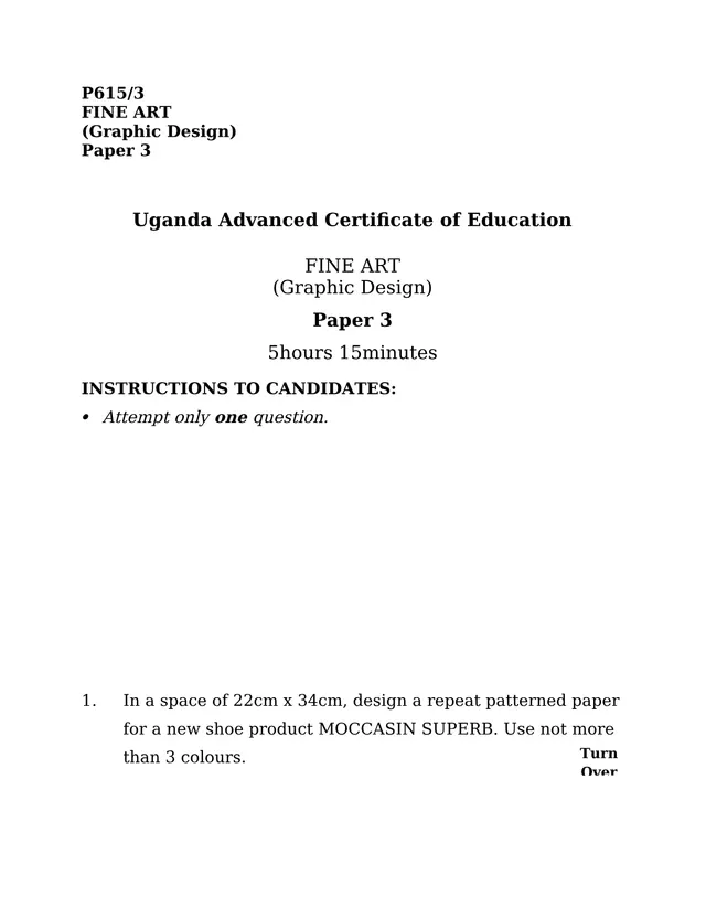 Cover of UACE Fine Art Paper 3 (Graphic Design) P615/3 (S6 Fine Art Past Paper)