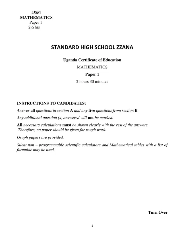 Cover of UCE Mathematics Paper 1 (456/1) – Standard High School Zzana (S4 Mathematics Past Paper)