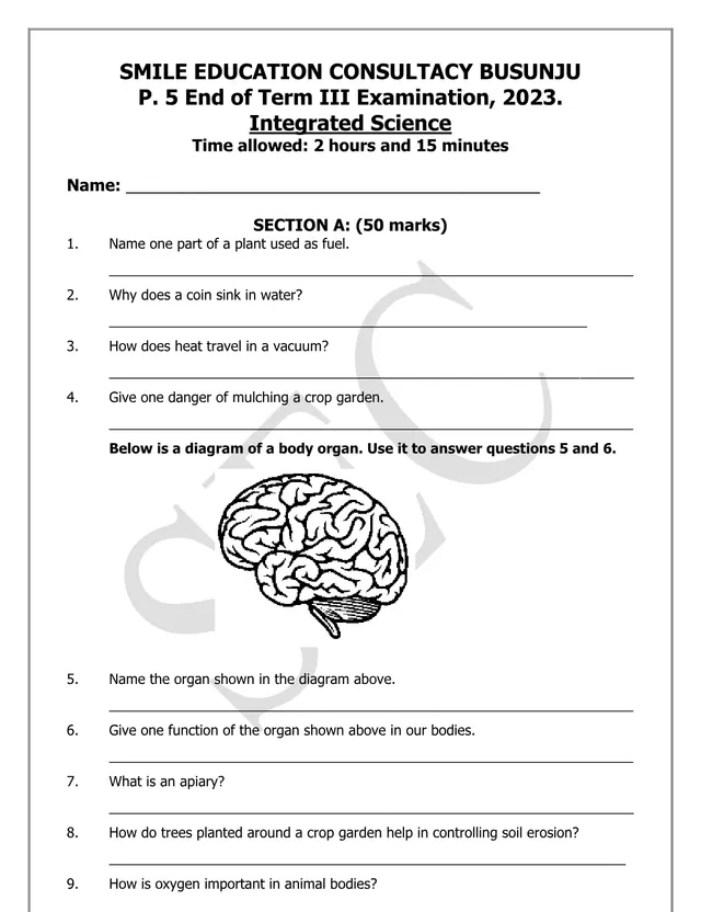Cover of P.5 Integrated Science End of Term III Examination 2023 – Smile Education (P5 Science Past Paper)
