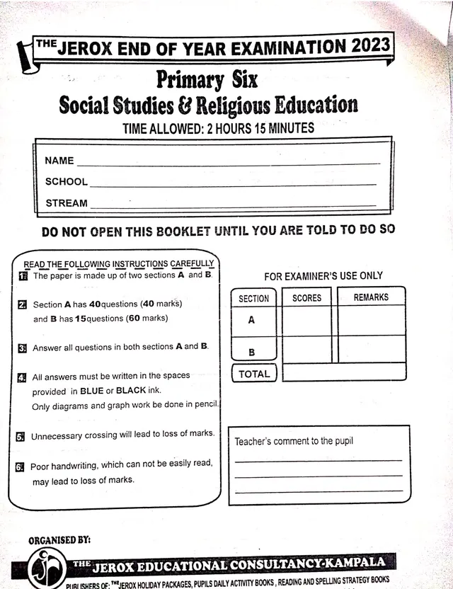 Cover of Jerox P6 Social Studies & RE End of Year Exam 2023 (Term 3) (P5 Social Studies Past Paper)