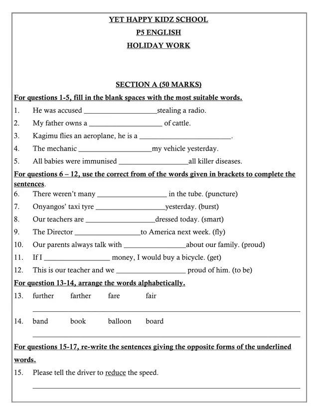 Cover of P5 English Holiday Work – Yet Happy Kidz School (End of Term 1, 2020) (P5 English Past Paper)