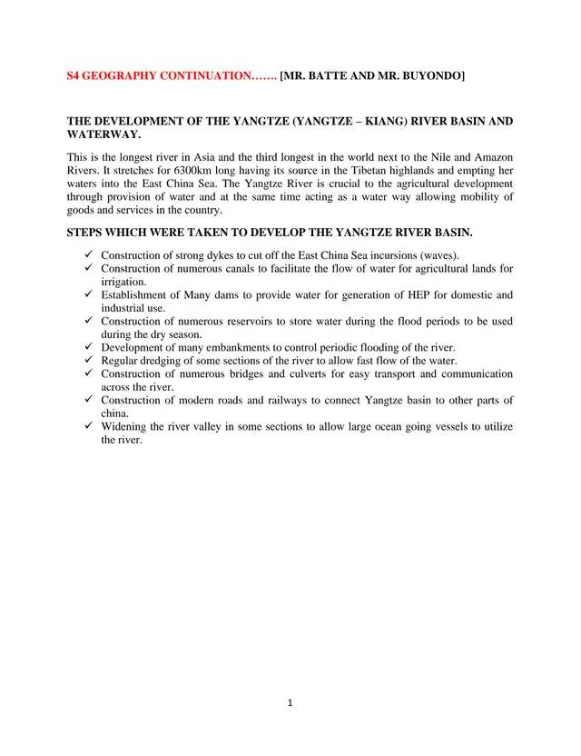 Cover of The Development of the Yangtze River Basin and Waterway – S4 Geography Notes (S4 Geography Notes)