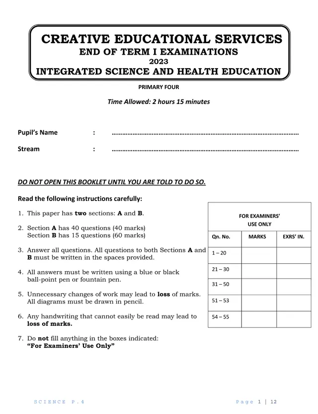 Cover of Primary Four Integrated Science and Health Education Term 1 Exam, 2023 (P4 Science Past Paper)
