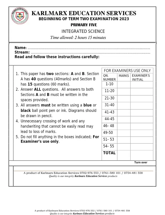 Cover of Karlmarx Primary Five Integrated Science Beginning of Term Two Exam 2023 (P5 Science Past Paper)