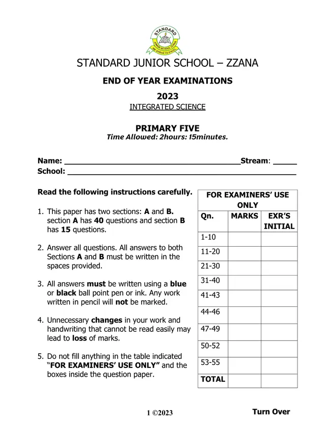 Cover of Standard Junior School Zzana P.5 Integrated Science End of Year Exam 2023 (P5 Science Past Paper)