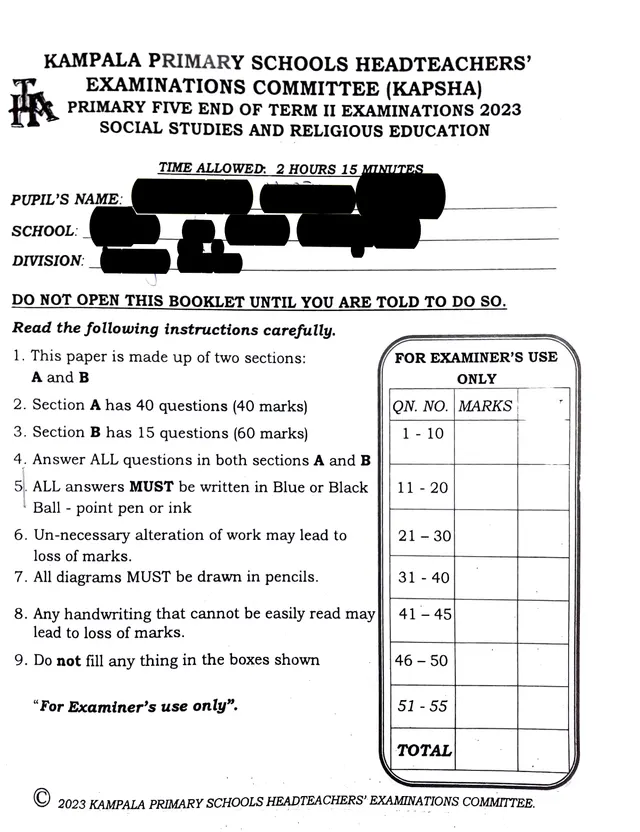 Cover of KAPSHA Primary Five Social Studies with RE End of Term II Exam 2023 (P5 Social Studies Past Paper)