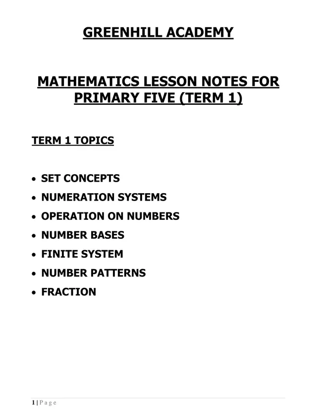 Cover of Primary Five Mathematics Lesson Notes, Term 1 (P5 Mathematics Notes)
