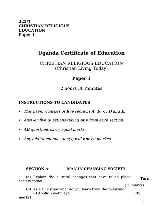 Cover of UCE Christian Religious Education Paper 1 (223/1): Christian Living Today (S4 Religious Education Past Paper)