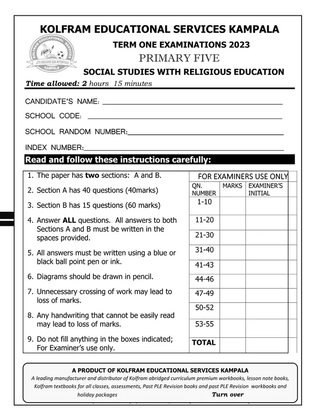 Cover of Kolfram P.5 Social Studies Term One Examination 2023 (P5 Social Studies Past Paper)