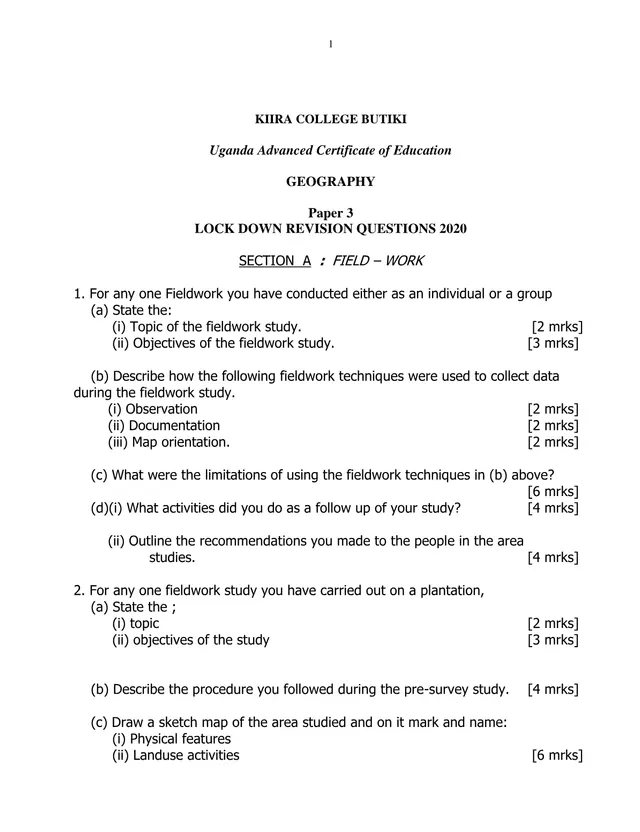 Cover of Kiira College Butiki UACE Geography Paper 3 Lockdown Revision Questions 2020 (Geography Revision Test)
