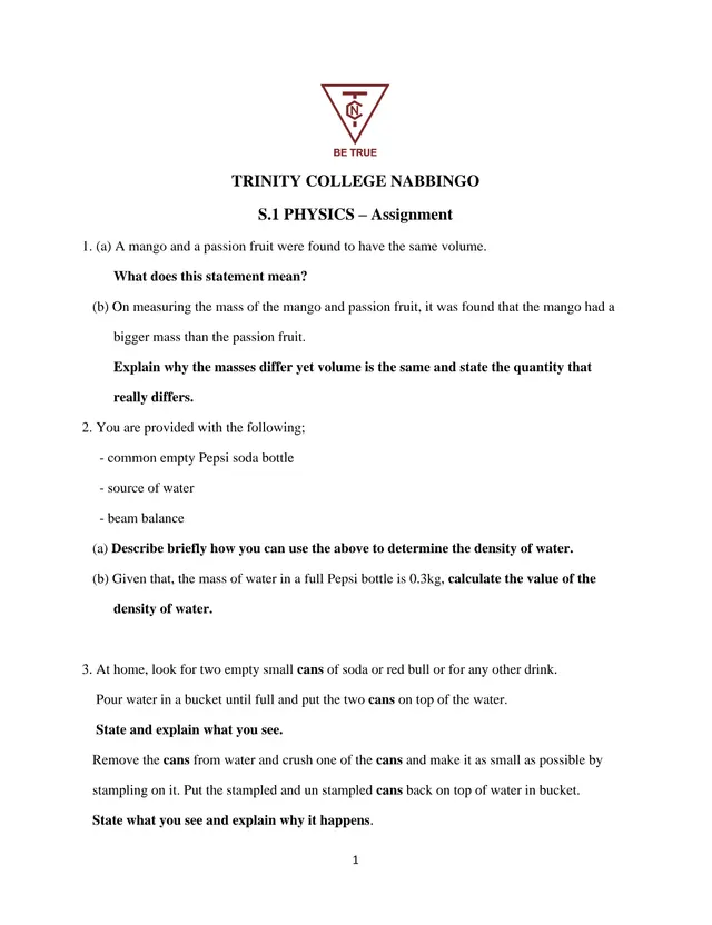 Cover of Senior 1 Physics Assignment: Density, Floating and Sinking (S1 Physics Activity)