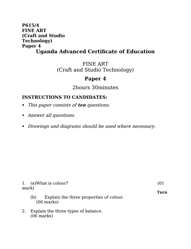 Cover of UACE Fine Art Paper 4 (P615/4): Craft and Studio Technology (S6 Fine Art Past Paper)