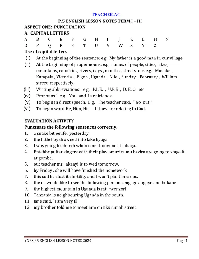 Cover of P.5 English Lesson Notes – Term One (Punctuation, Nouns and Gender) (P5 English Notes)