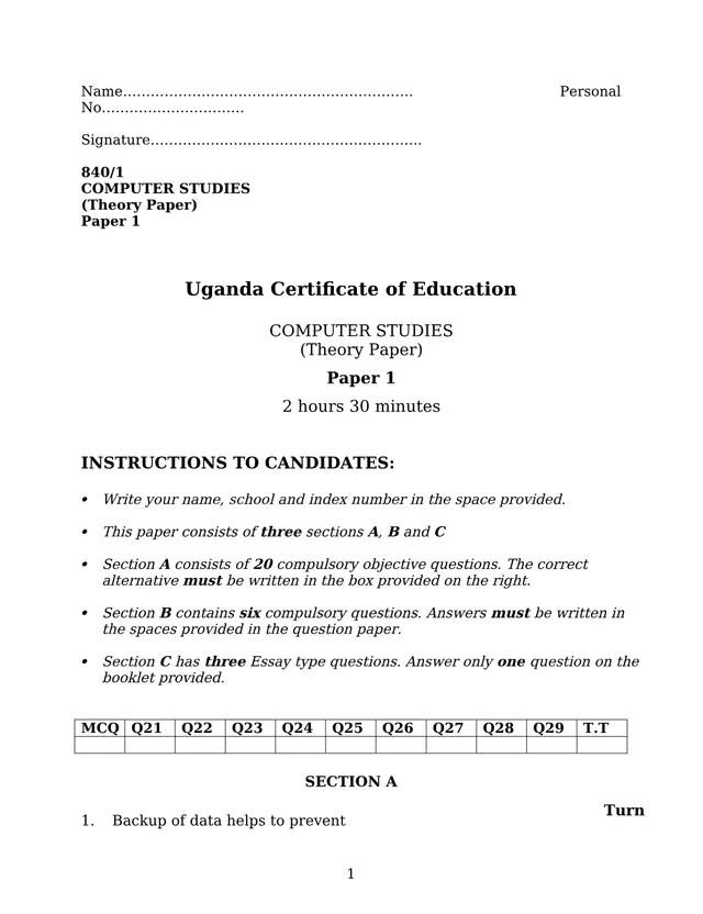 Cover of UCE Computer Studies Paper 1 (840/1) Theory Exam (S4 Computer Studies Past Paper)