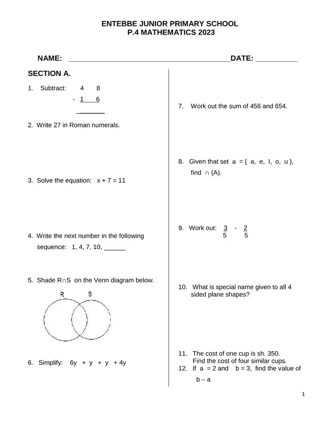 Cover of P.4 Mathematics Examination Paper 2023 – Entebbe Junior Primary School (P4 Mathematics Past Paper)