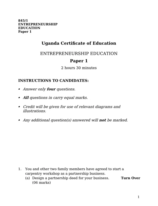 Cover of UCE Entrepreneurship Education Paper 1 (845/1) (S4 Entrepreneurship Past Paper)