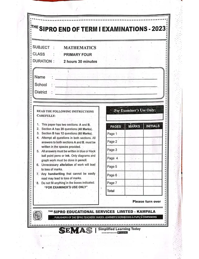 Cover of P4 Mathematics End of Term 1 Examination 2023 (Sipro) (P4 Mathematics Past Paper)