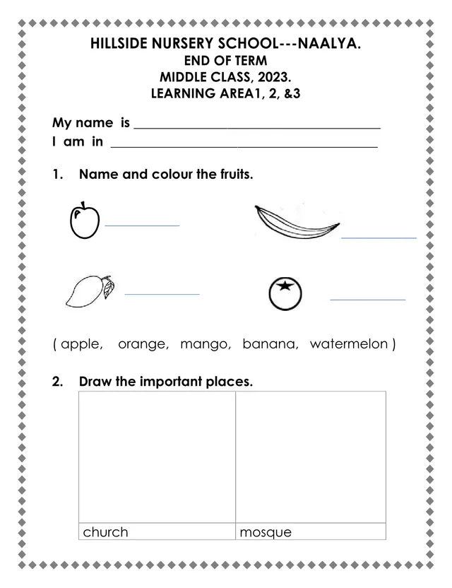 Cover of Hillside Nursery School Naalya Middle Class End of Term Exam 2023: Learning Areas 1–3 (Middle Literacy Past Paper)