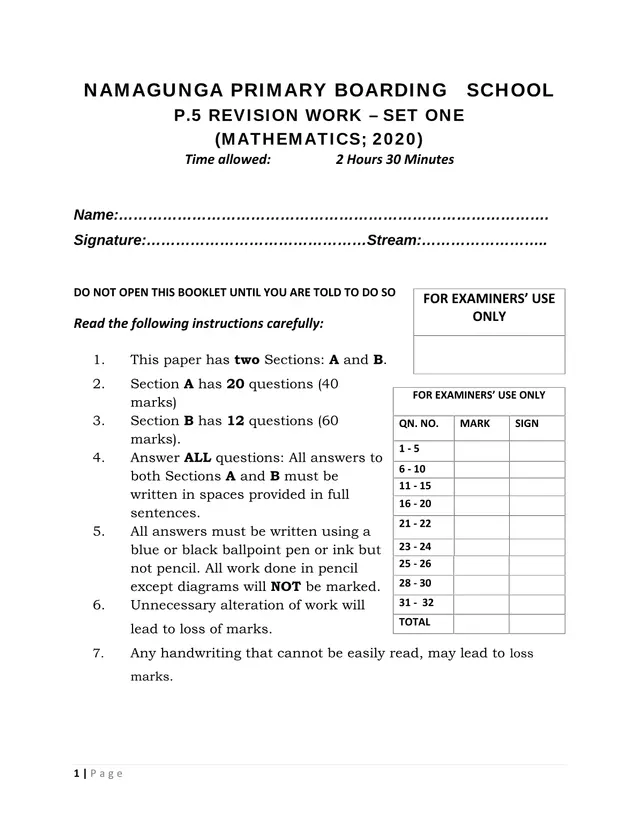 Cover of P5 Mathematics Revision Work – Set One (2020) (P5 Mathematics Past Paper)