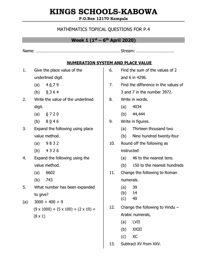 Cover of P4 Mathematics Weekly Topical Questions, April 2020 – Kings Schools Kabowa (P4 Mathematics Past Paper)