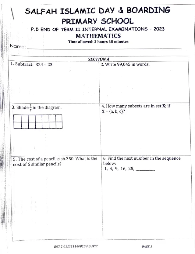 Cover of Salfah Primary School P5 Mathematics End of Term 2 Examination 2023 (P5 Mathematics Past Paper)