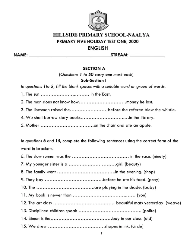 Cover of Primary Five English Holiday Test One 2020 – Hillside Primary School Naalya (P5 English Past Paper)