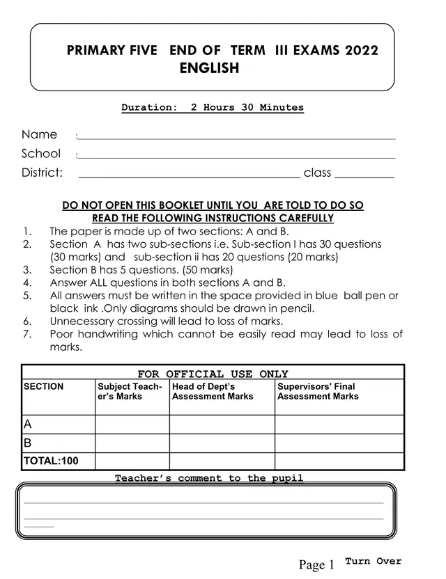 Cover of Primary Five English End of Term III Exam 2022 (P5 English Past Paper)