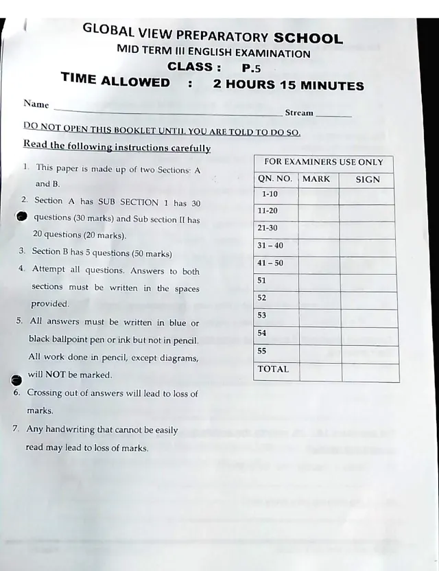 Cover of Global View Preparatory School P5 English Mid-Term III Examination 2023 (P5 English Past Paper)