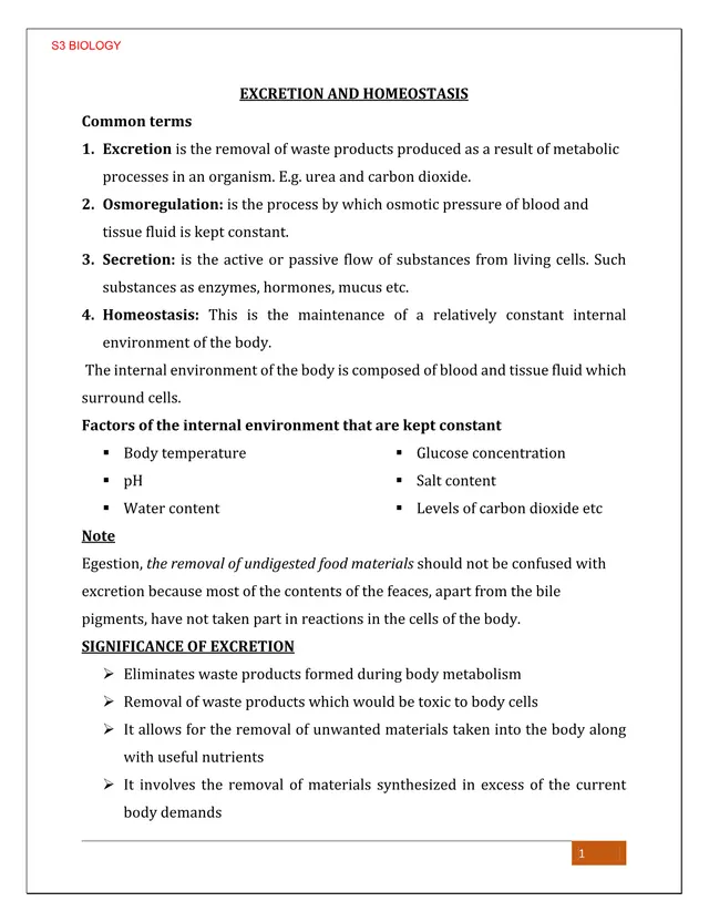 Cover of Excretion and Homeostasis – Senior 3 Biology Notes (S3 Biology Notes)