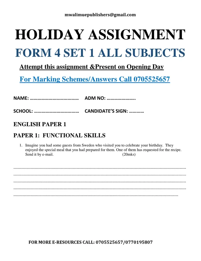 Cover of Form 4 Holiday Assignment Set 1: All Subjects (S4 English Holiday Package)
