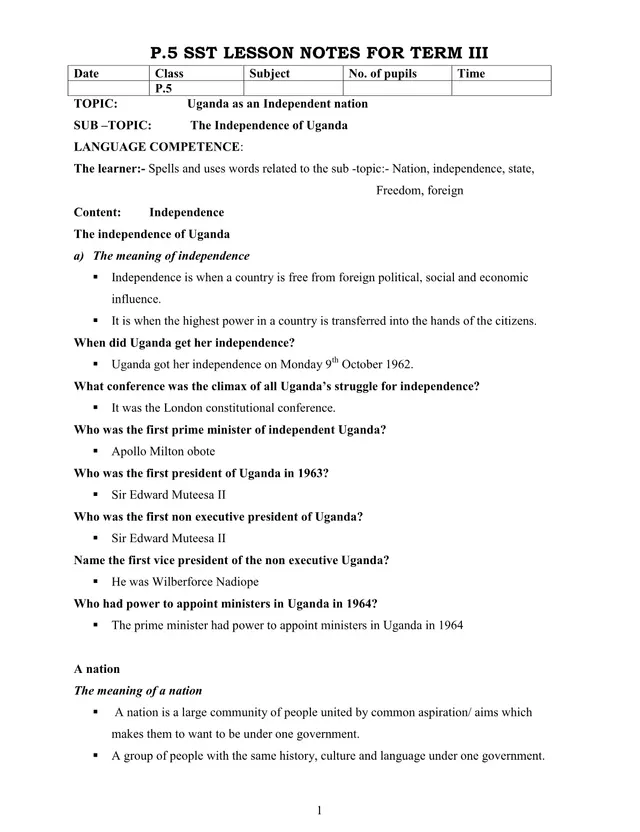 Cover of P.5 Social Studies Lesson Notes Term III: Uganda as an Independent Nation (P5 Social Studies Notes)