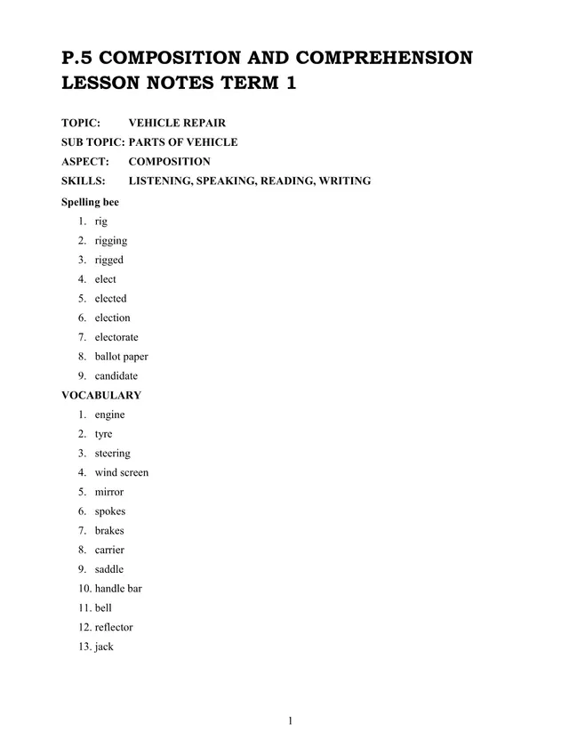 Cover of P.5 English Composition and Comprehension Lesson Notes – Term 1 (P5 English Notes)