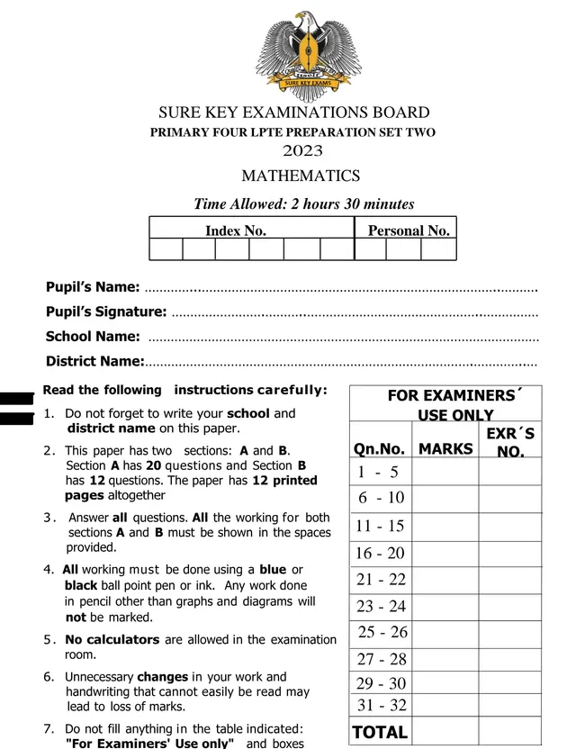 Cover of P.4 Mathematics LPTE Preparation Set 2 (2023) – Sure Key Examinations Board (P4 Mathematics Past Paper)