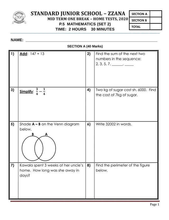 Cover of P5 Mathematics Set 2: Term One Midterm Home Test, 2020 (P5 Mathematics Past Paper)