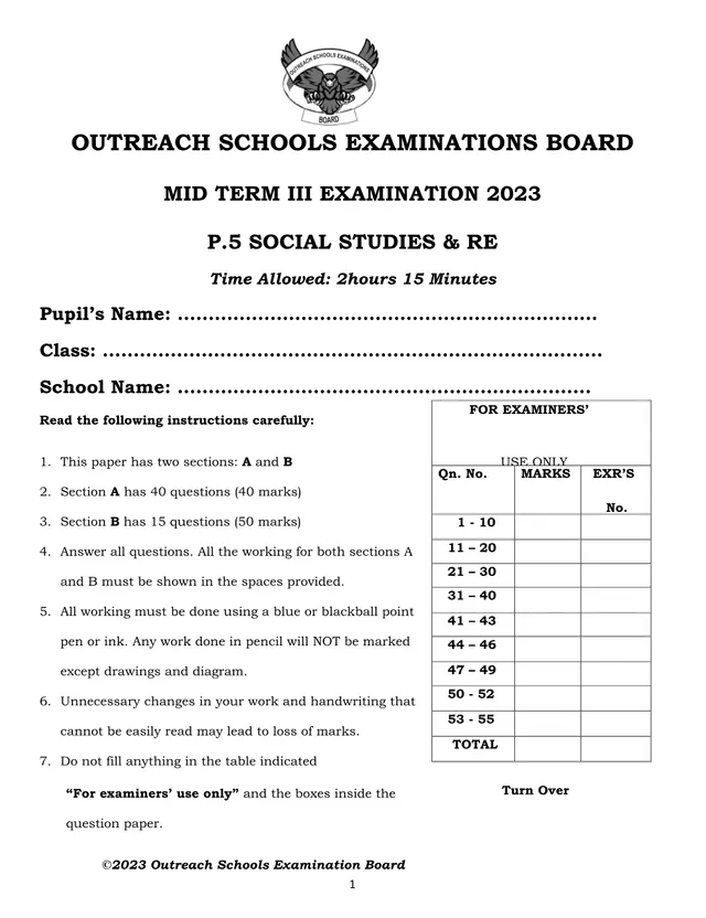 Cover of P.5 Social Studies & RE Mid Term III Examination 2023 – Outreach Schools (P5 Social Studies Past Paper)
