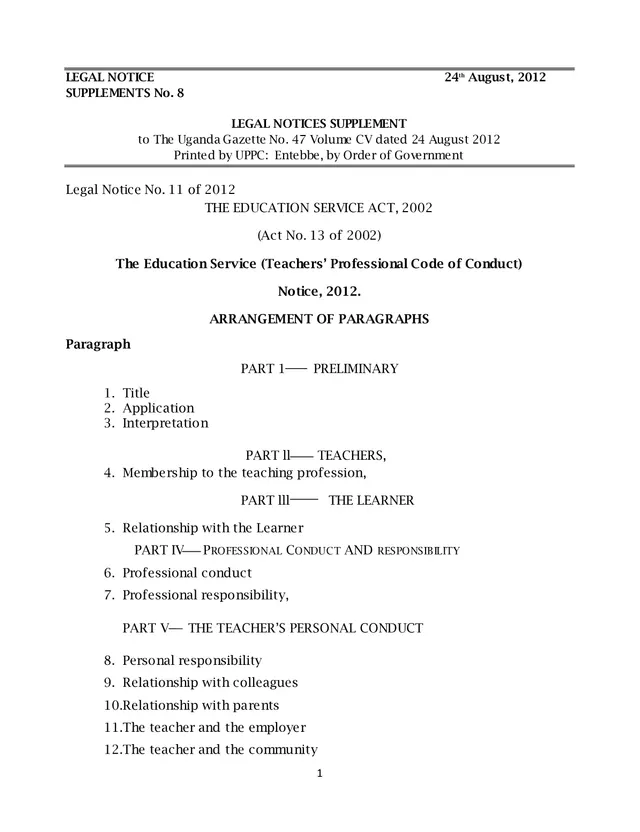Cover of Teachers' Professional Code of Conduct 2012 (Uganda Legal Notice No. 11) (P5 English Notes)
