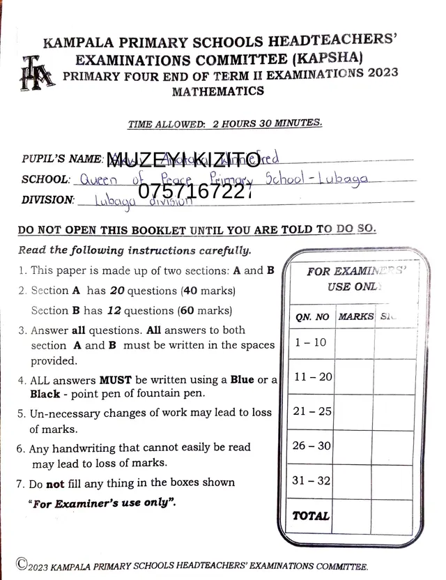 Cover of P.4 Mathematics End of Term 2 Exam 2023 (KAPSHA) (P4 Mathematics Past Paper)