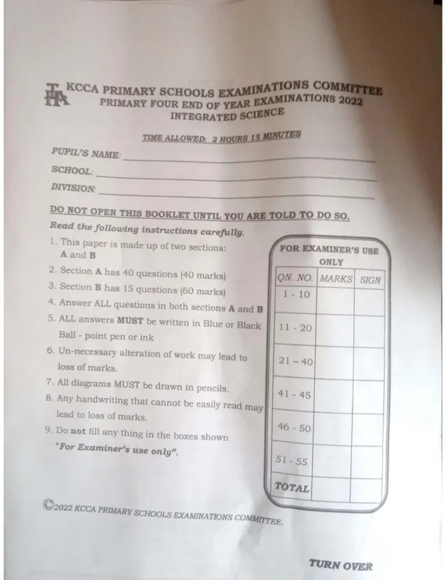 Cover of KCCA Primary 4 Integrated Science End-of-Year Examination 2022 (P4 Science Past Paper)